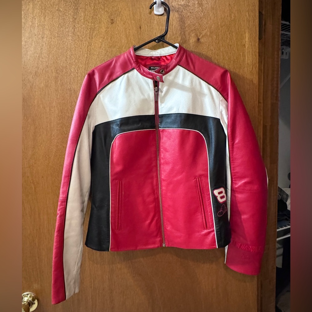 Leather Red and White Budweiser NASCAR Jacket